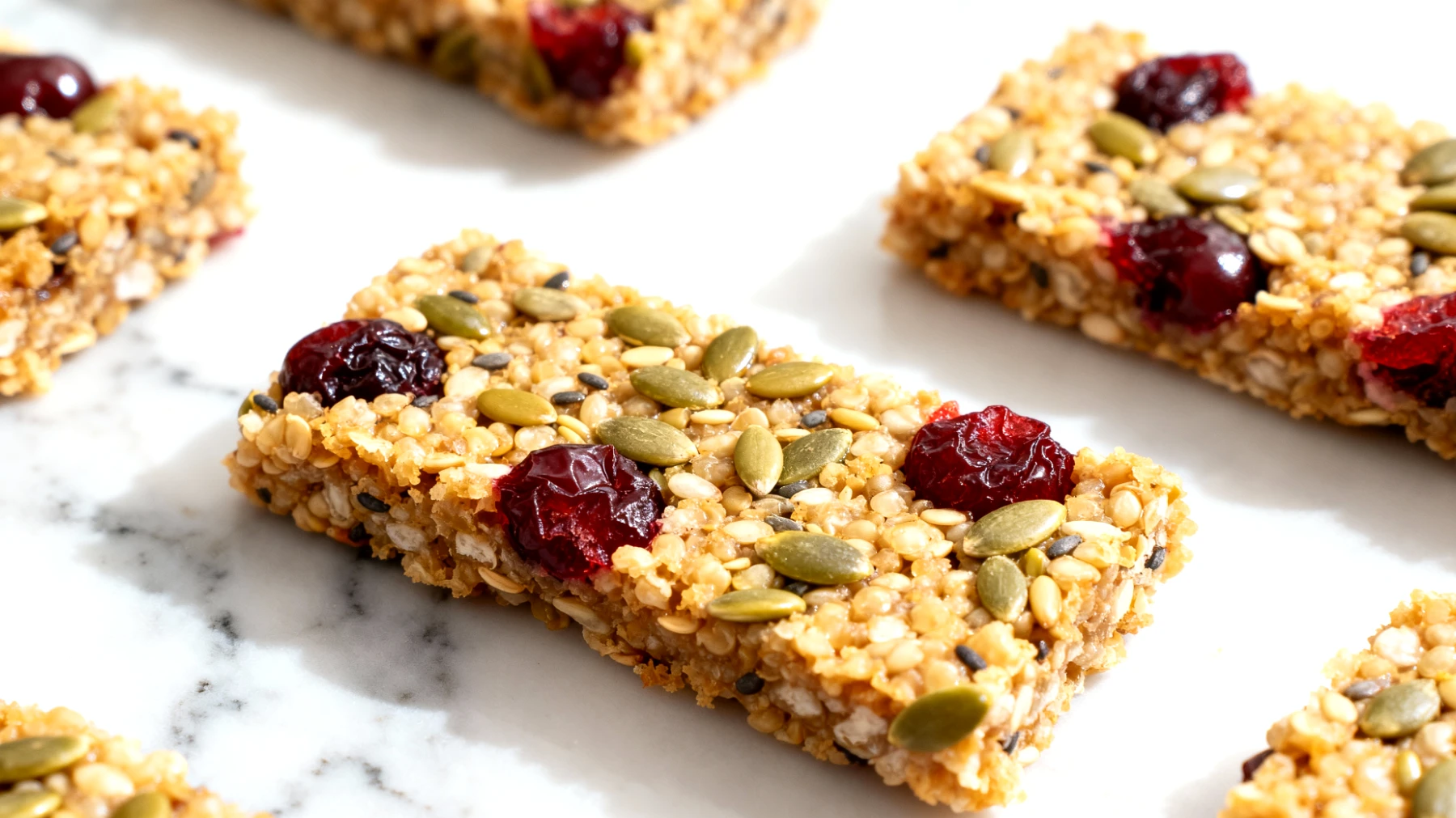 Bockshornklee-Quinoa-Riegel mit Hanfsamen und getrockneten Sauerkirschen"