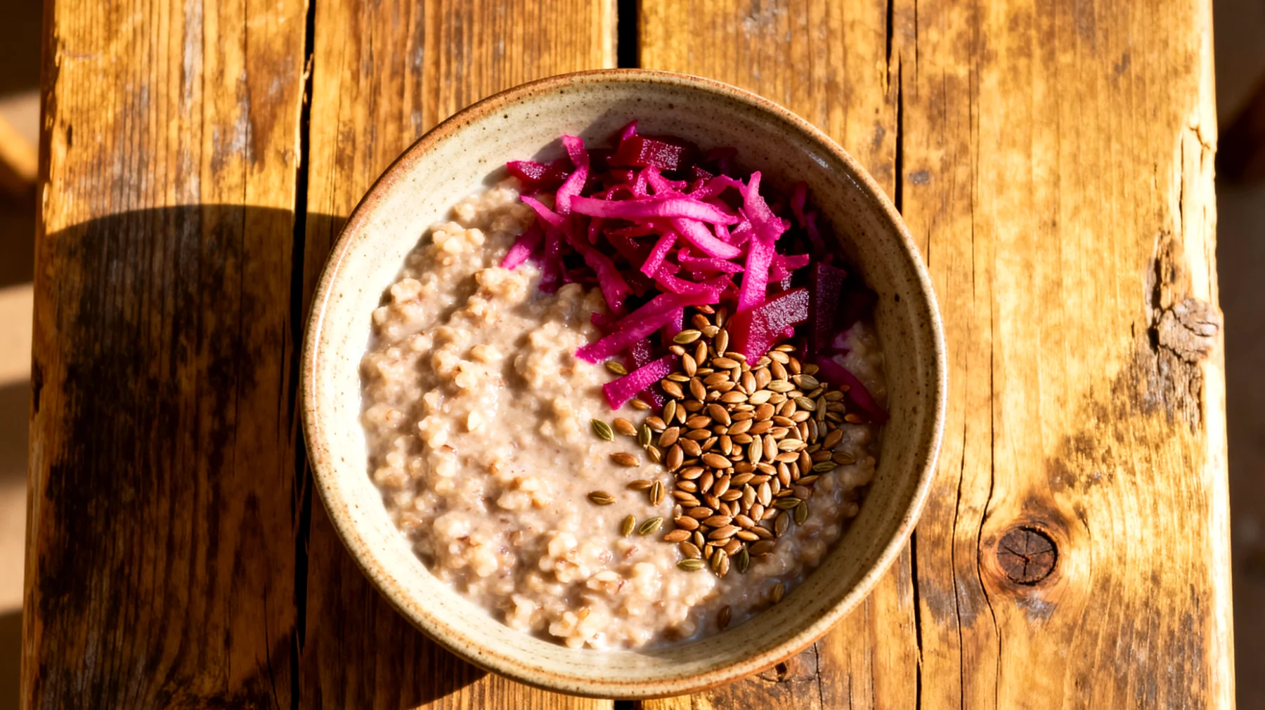 Buchweizen-Porridge mit fermentierten Rüben und Hanfsamen"