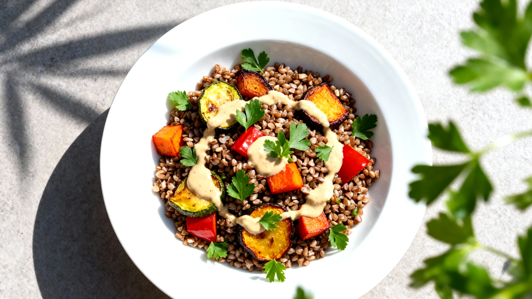 Buchweizen-Salat mit geröstetem Gemüse und Tahini-Dressing"