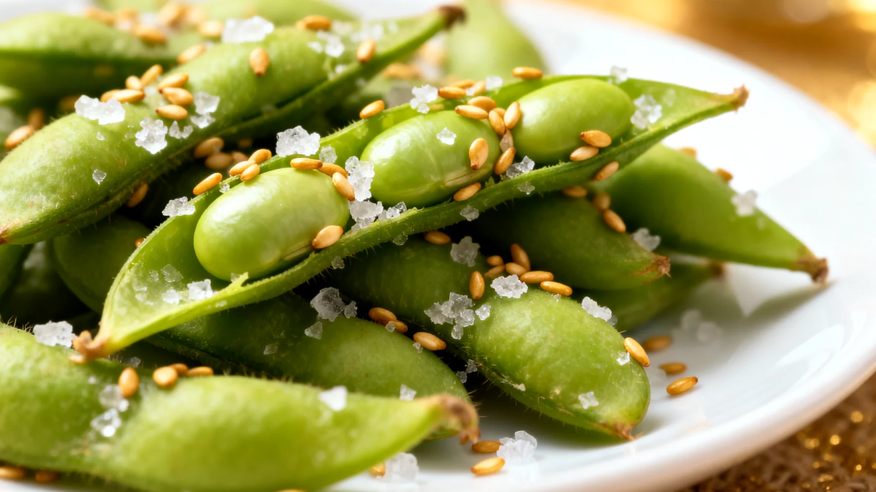 Edamame-Bohnen (junge grüne Sojabohnen) mit Meersalz und Sesam"