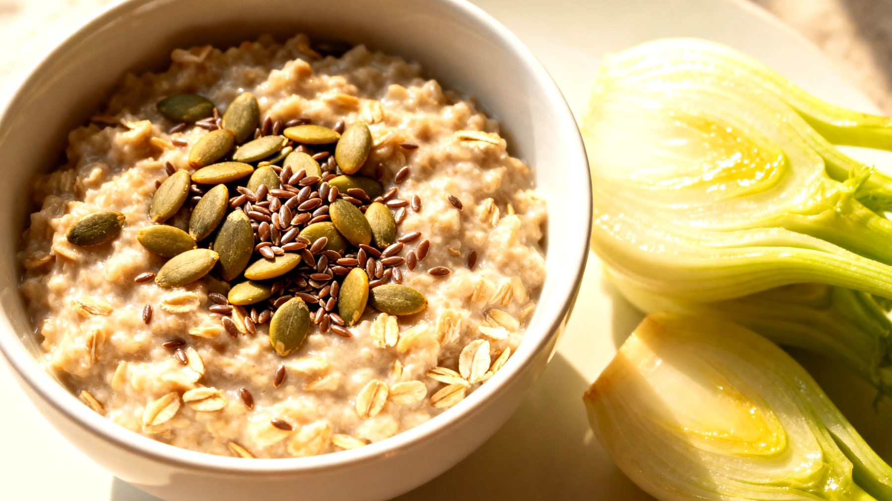 Haferbrei mit Kürbiskernen, Leinsamen und gedünstetem Fenchel"