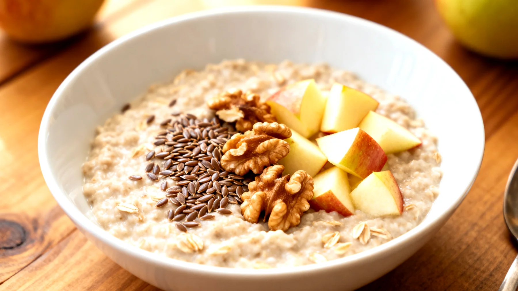 Haferbrei mit Leinsamen, Walnüssen und Apfelstücken (Porridge)"