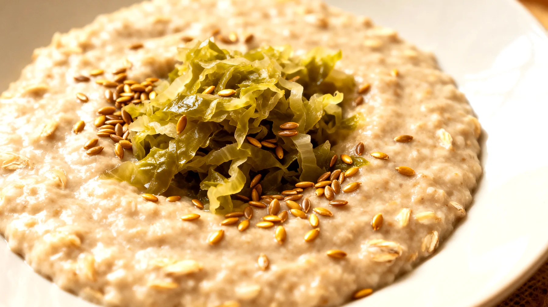 Haferbrei mit fermentiertem Gemüse (Sauerkraut oder Kimchi) und Leinsamen"