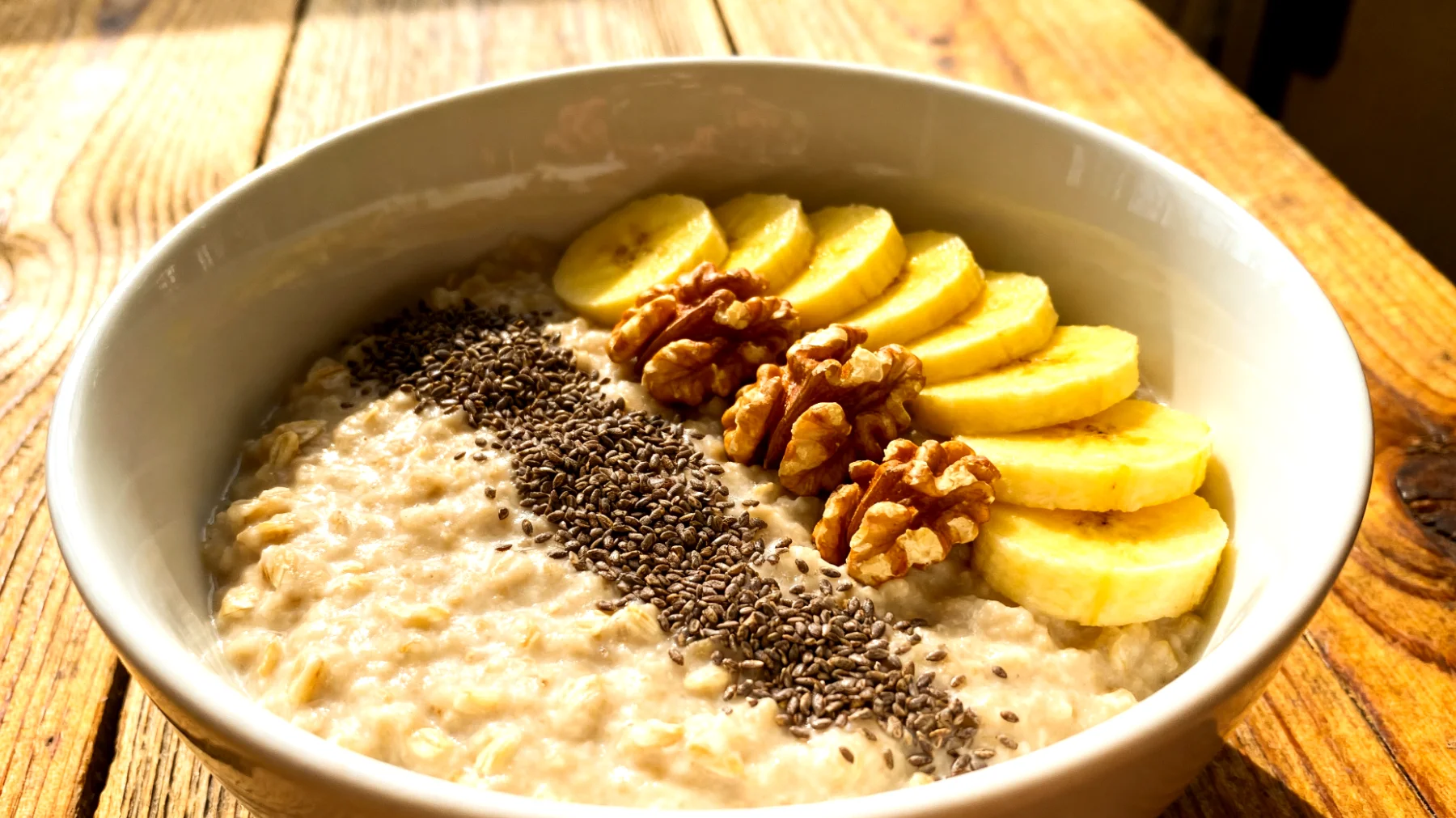 Haferporridge mit Hanfsamen, Walnüssen und Banane"
