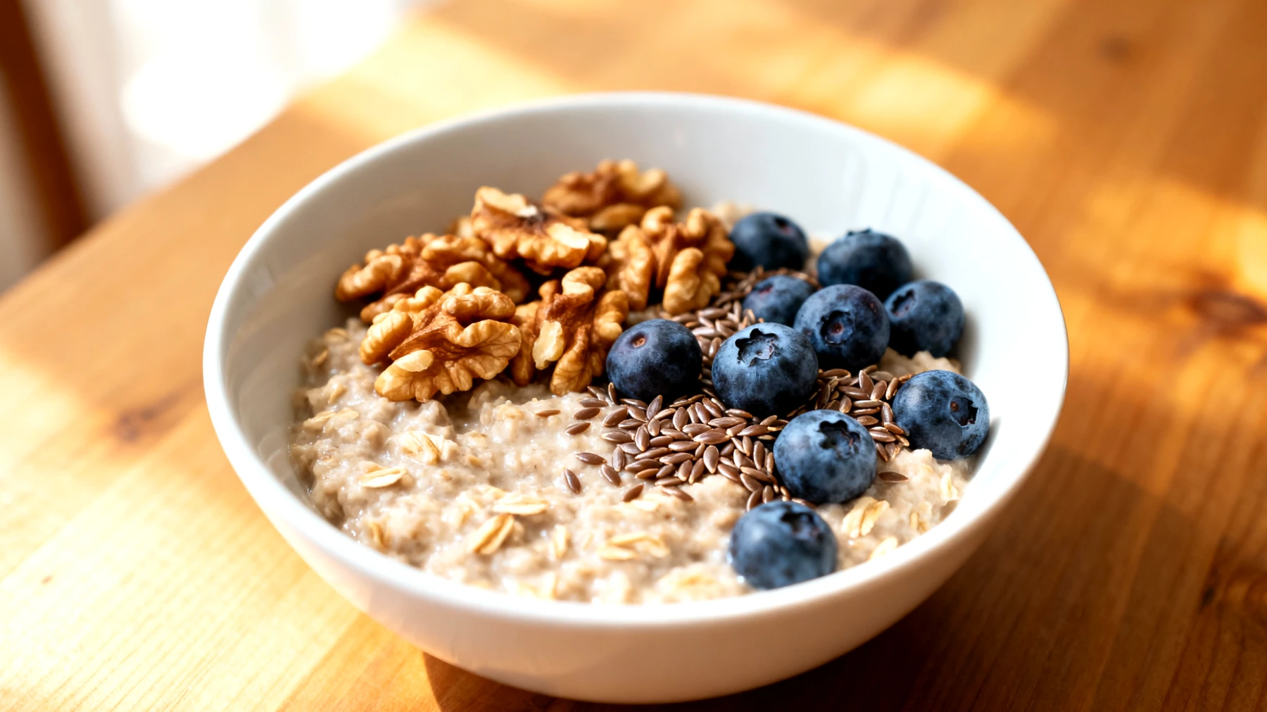 Haferporridge mit Walnüssen, Leinsamen und Blaubeeren"