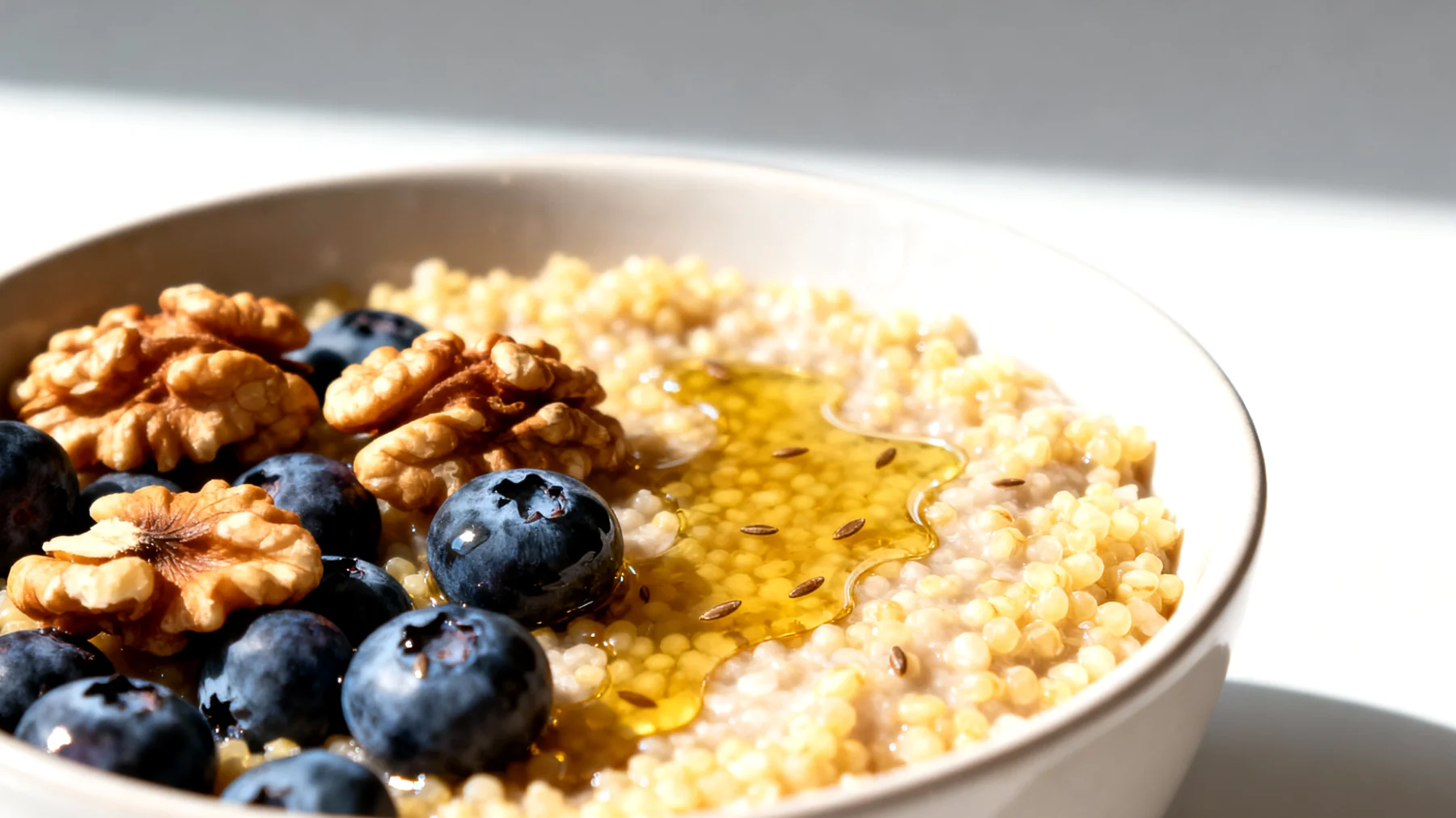 Hirse-Bowl mit Walnüssen, Blaubeeren und Leinsamenöl"