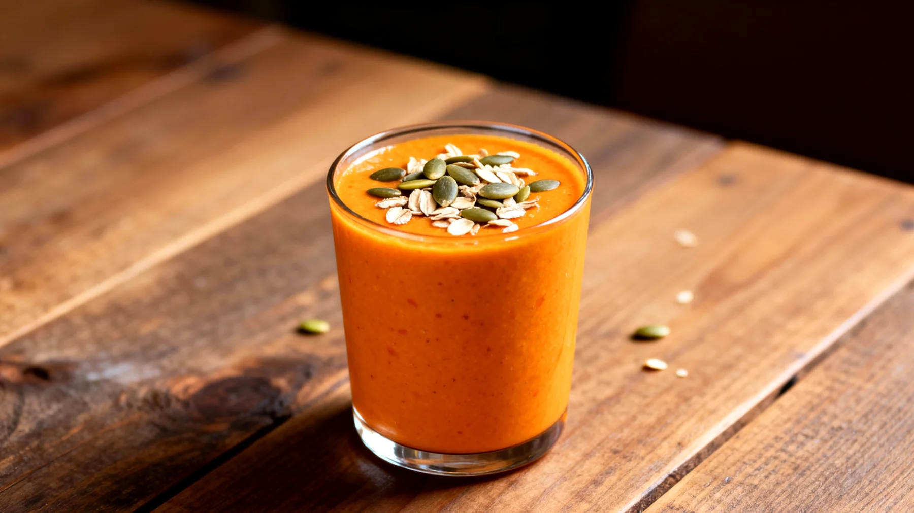 Sanddornbeeren-Smoothie mit Kürbiskernen und Haferflocken"