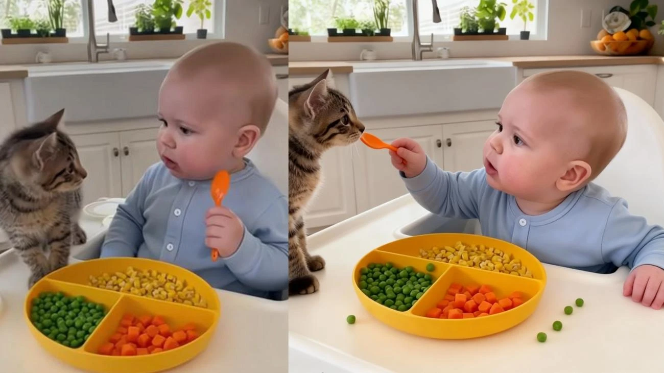 baby with kitten eating food #catsoftiktok #catlover #PetLoyalty #FunnyAnimals #cat"