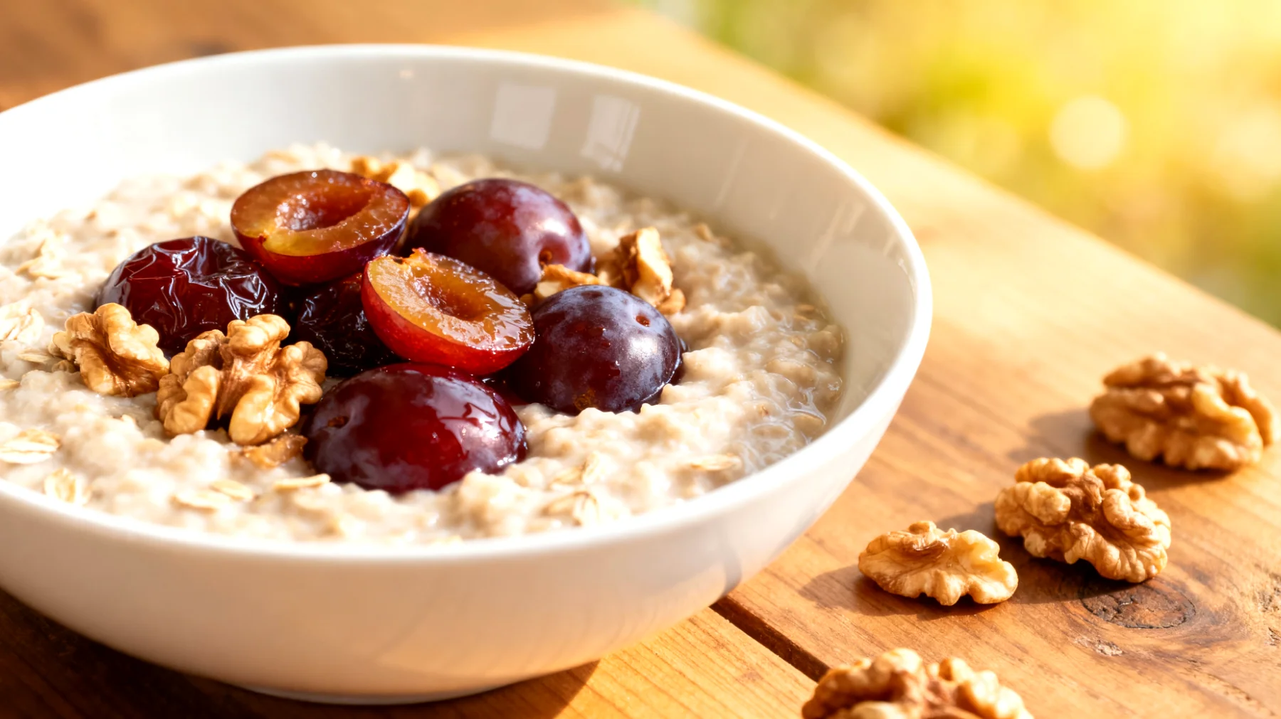 Haferbrei mit fermentierten Pflaumen und Walnüssen"