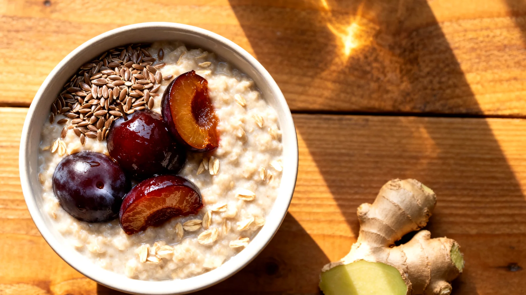 Haferflocken-Porridge mit Leinsamen, gedünsteten Pflaumen und Ingwer"