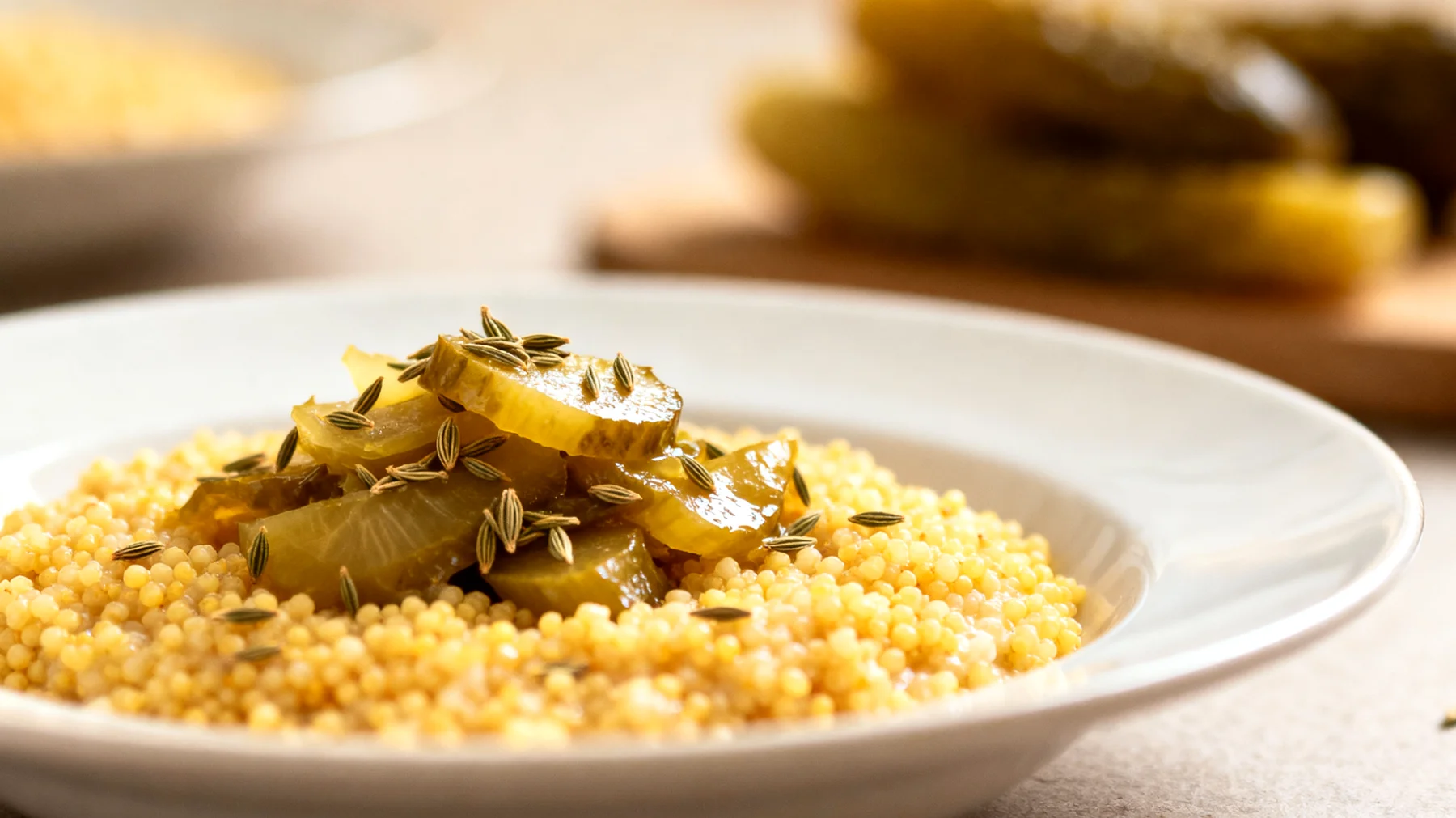 Hirsebrei mit fermentiertem Gemüse und Kümmel"