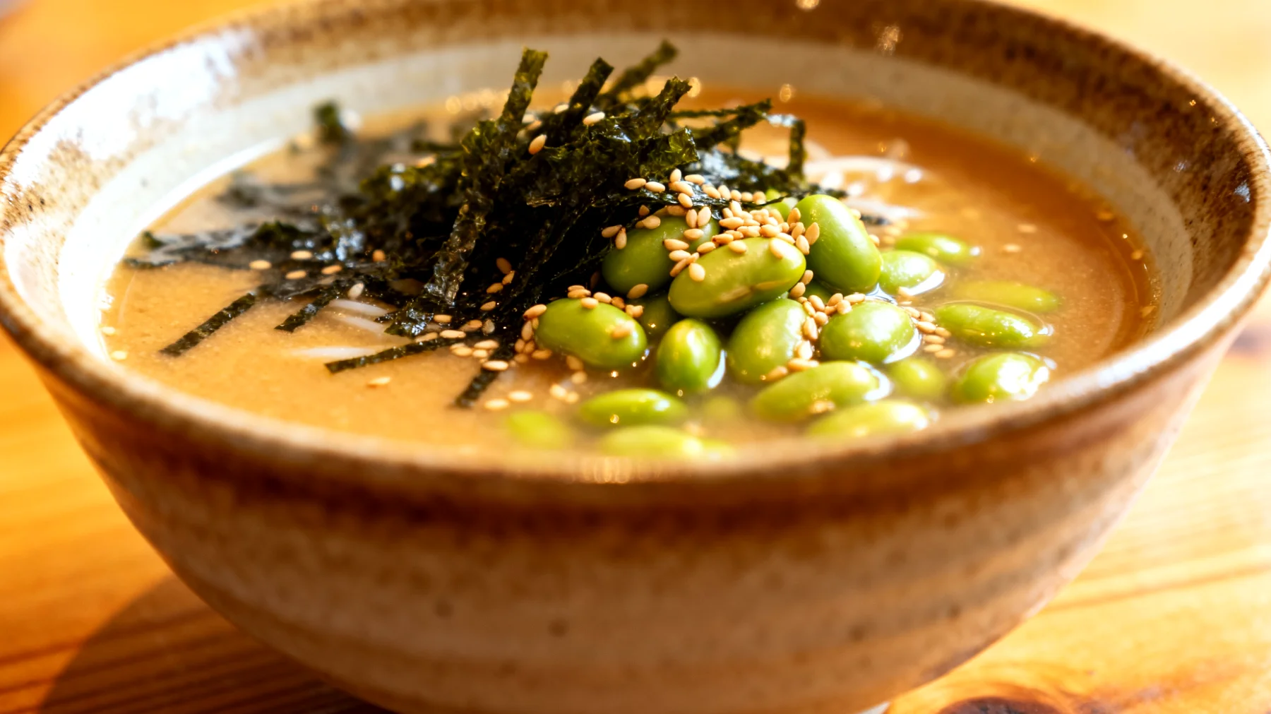 Miso-Suppe mit Wakame-Algen, Edamame und Sesam"