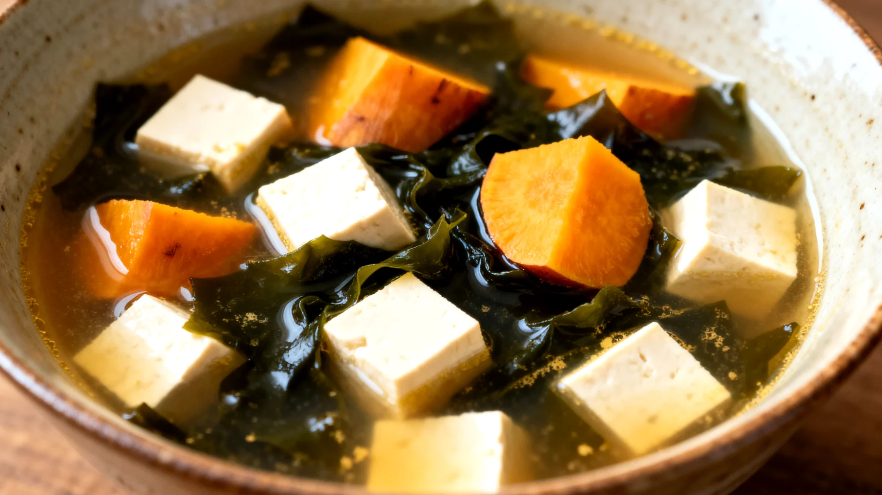 Miso-Suppe mit Wakame-Algen, Tofu und Süßkartoffeln"